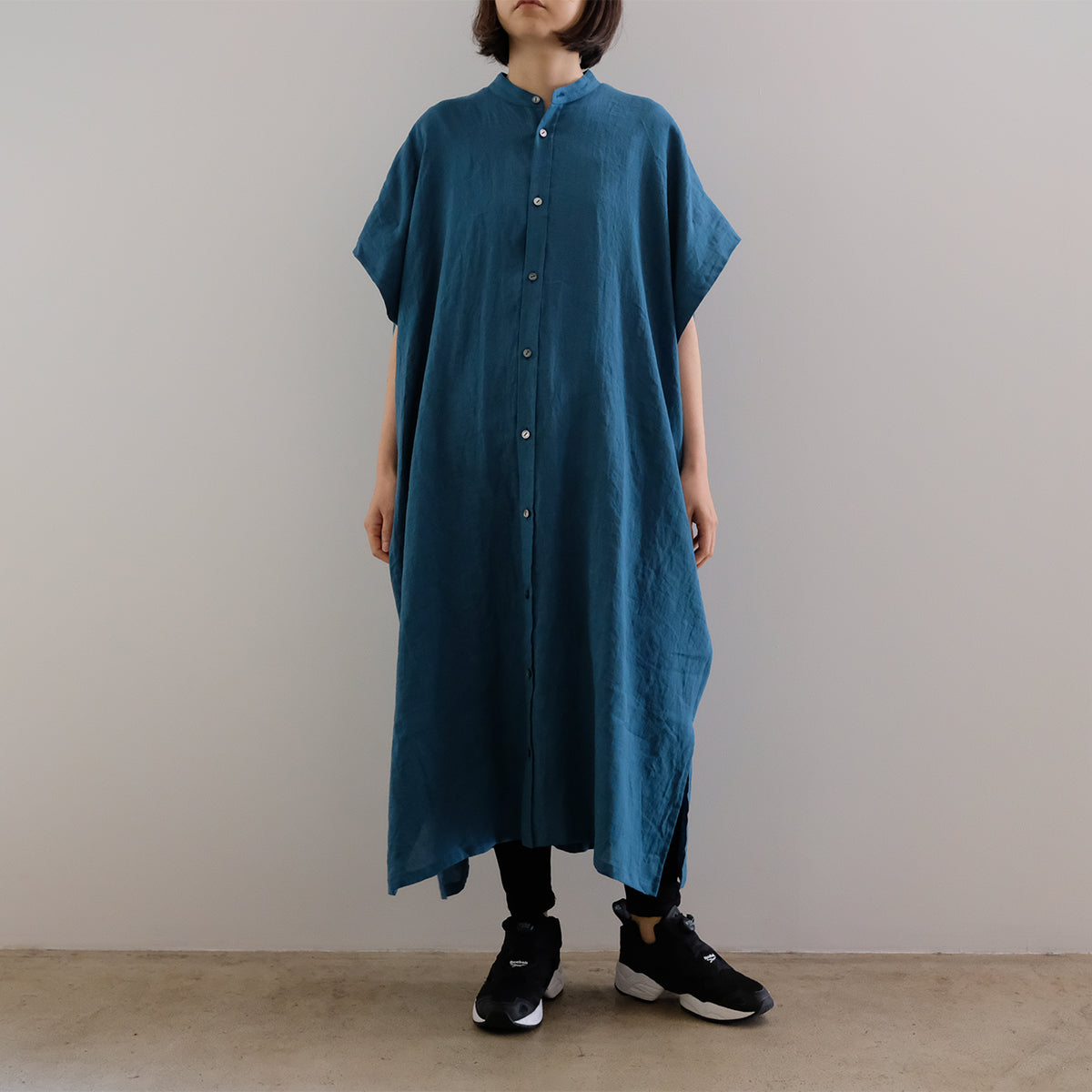 French Sleeve Linen Dress - Turquoise Blue