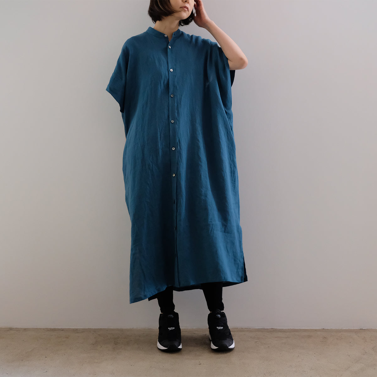 French Sleeve Linen Dress - Turquoise Blue