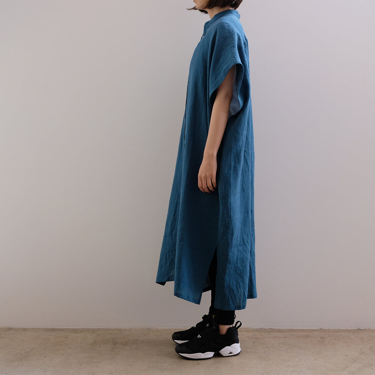 French Sleeve Linen Dress - Turquoise Blue