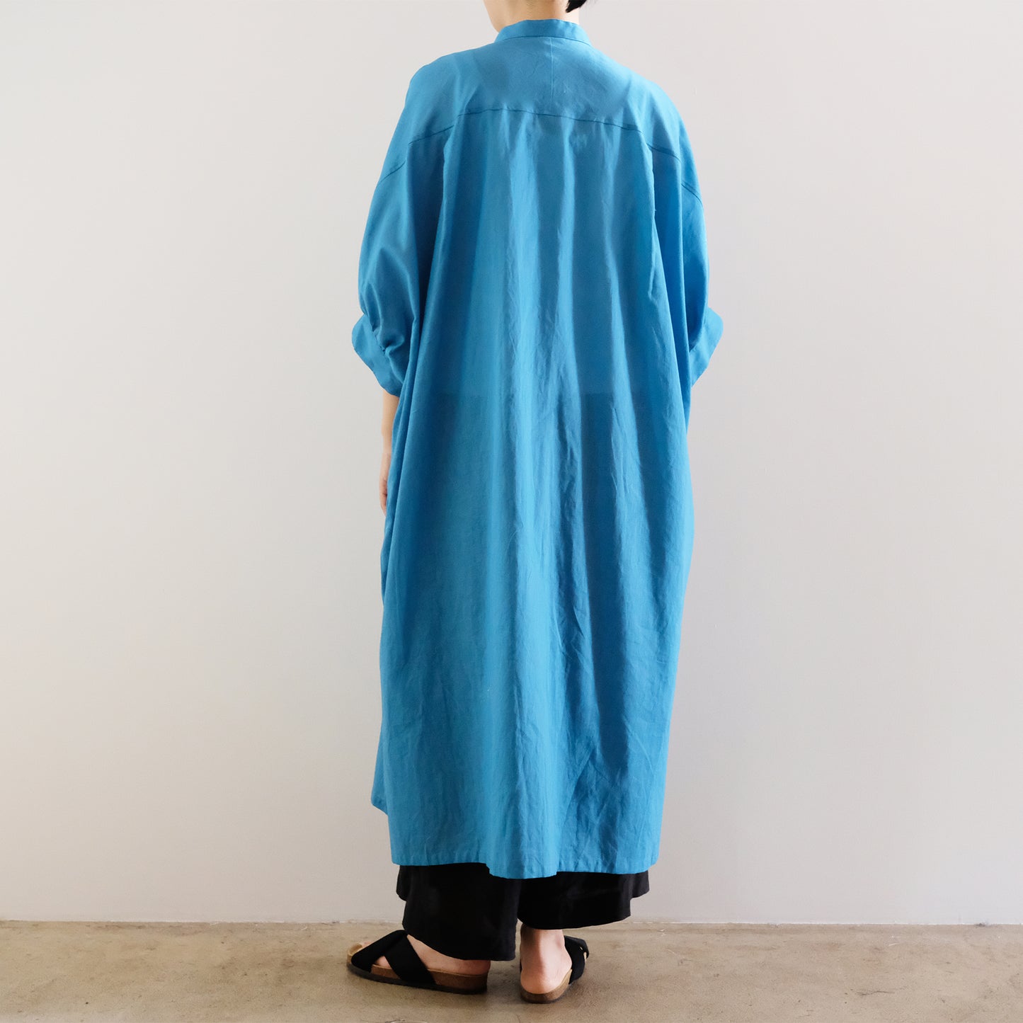 Voile Gauze Gather Sleeves Dress - Blue