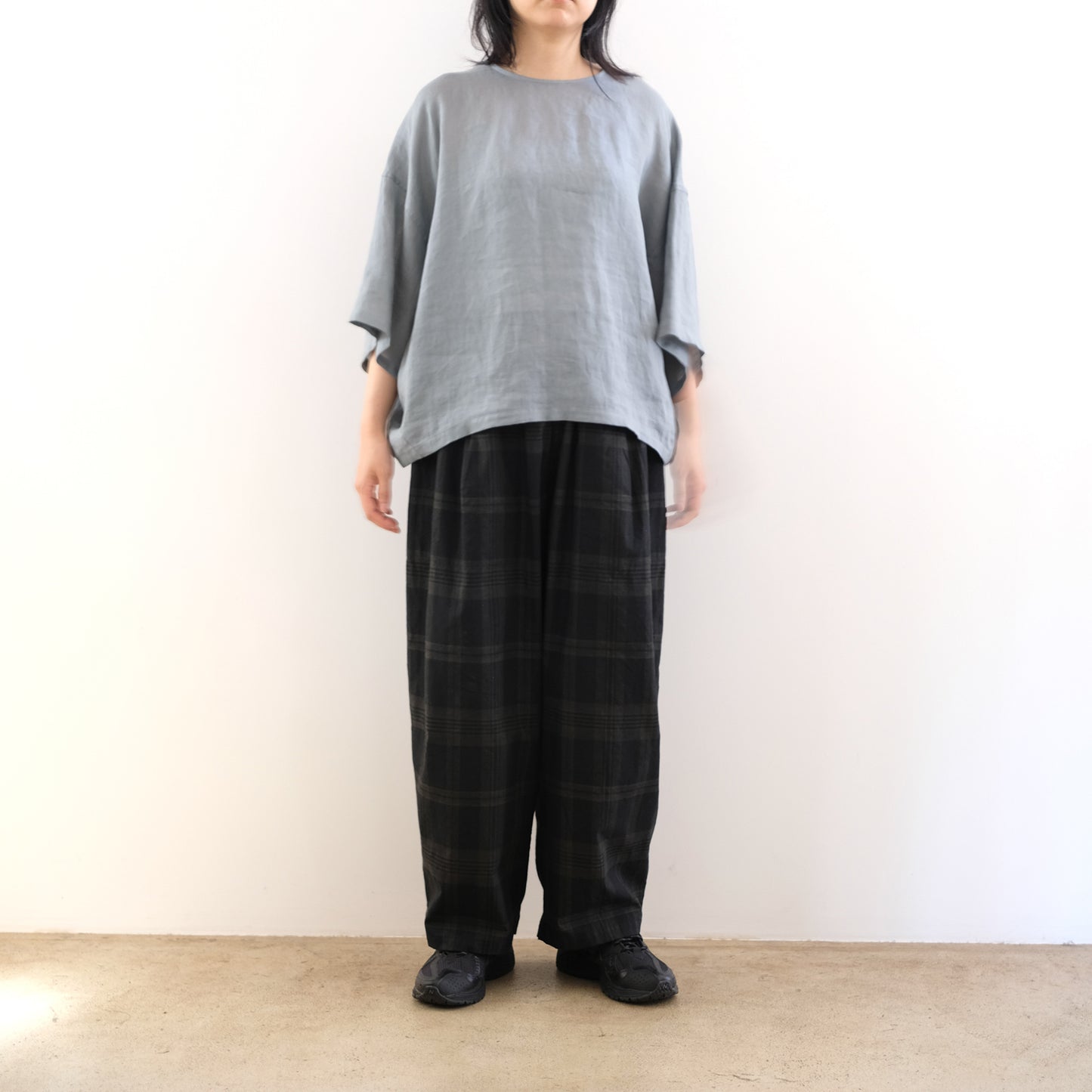 Ink Black Madras Check Easy Pants - Black x Brown