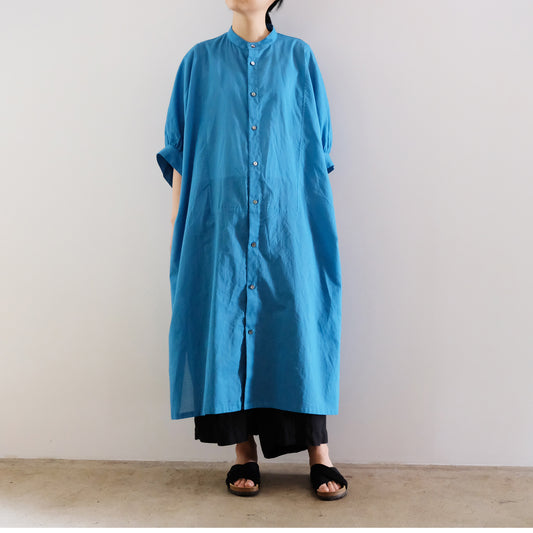 Voile Gauze Gather Sleeves Dress - Blue